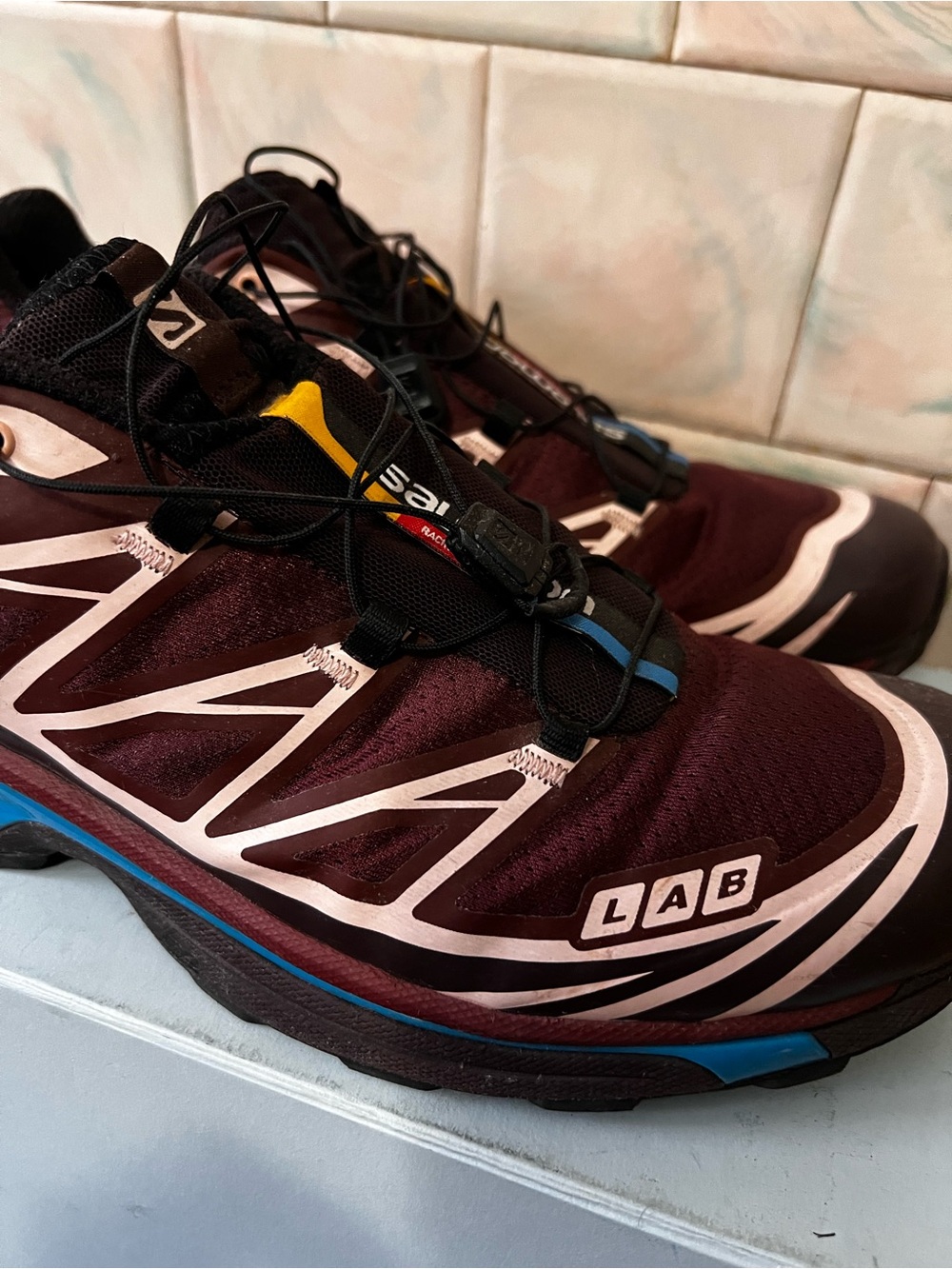 Salomon S/Lab Men's Trail Shoes - Burgundy with Blue & Yellow Accents